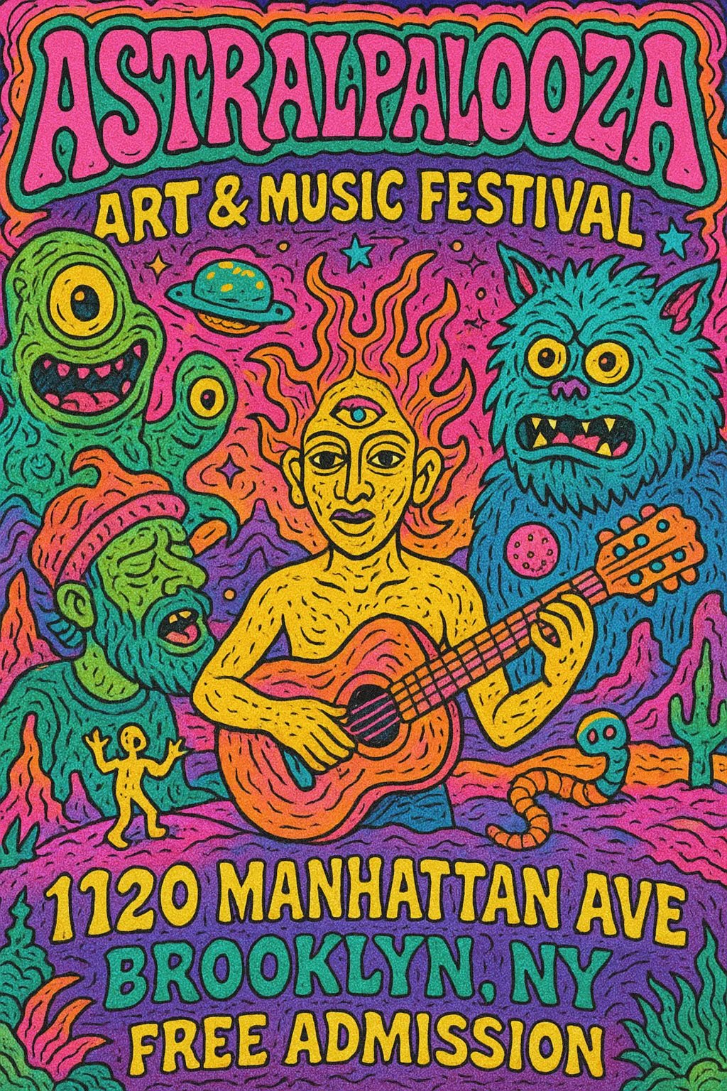 Example output from the Psychedelic Event Posters For Any Event ChatGPT prompt: colorful, hand-drawn concert and festival posters with fantasy characters, comic-style details, and surreal scenes in vibrant tetradic palettes. Astralpalooza.