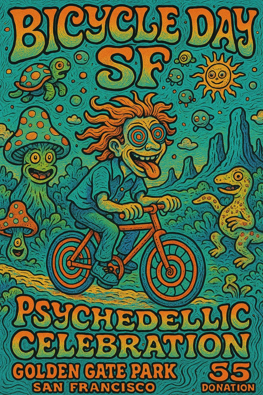 Example output from the Psychedelic Event Posters For Any Event ChatGPT prompt: colorful, hand-drawn concert and festival posters with fantasy characters, comic-style details, and surreal scenes in vibrant tetradic palettes. Bicycle Day SF.