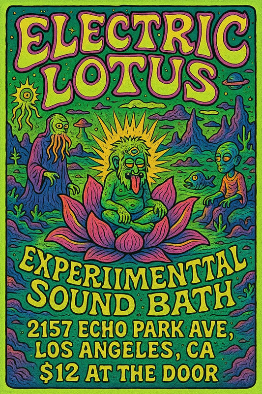Example output from the Psychedelic Event Posters For Any Event ChatGPT prompt: colorful, hand-drawn concert and festival posters with fantasy characters, comic-style details, and surreal scenes in vibrant tetradic palettes. Electric Lotus.