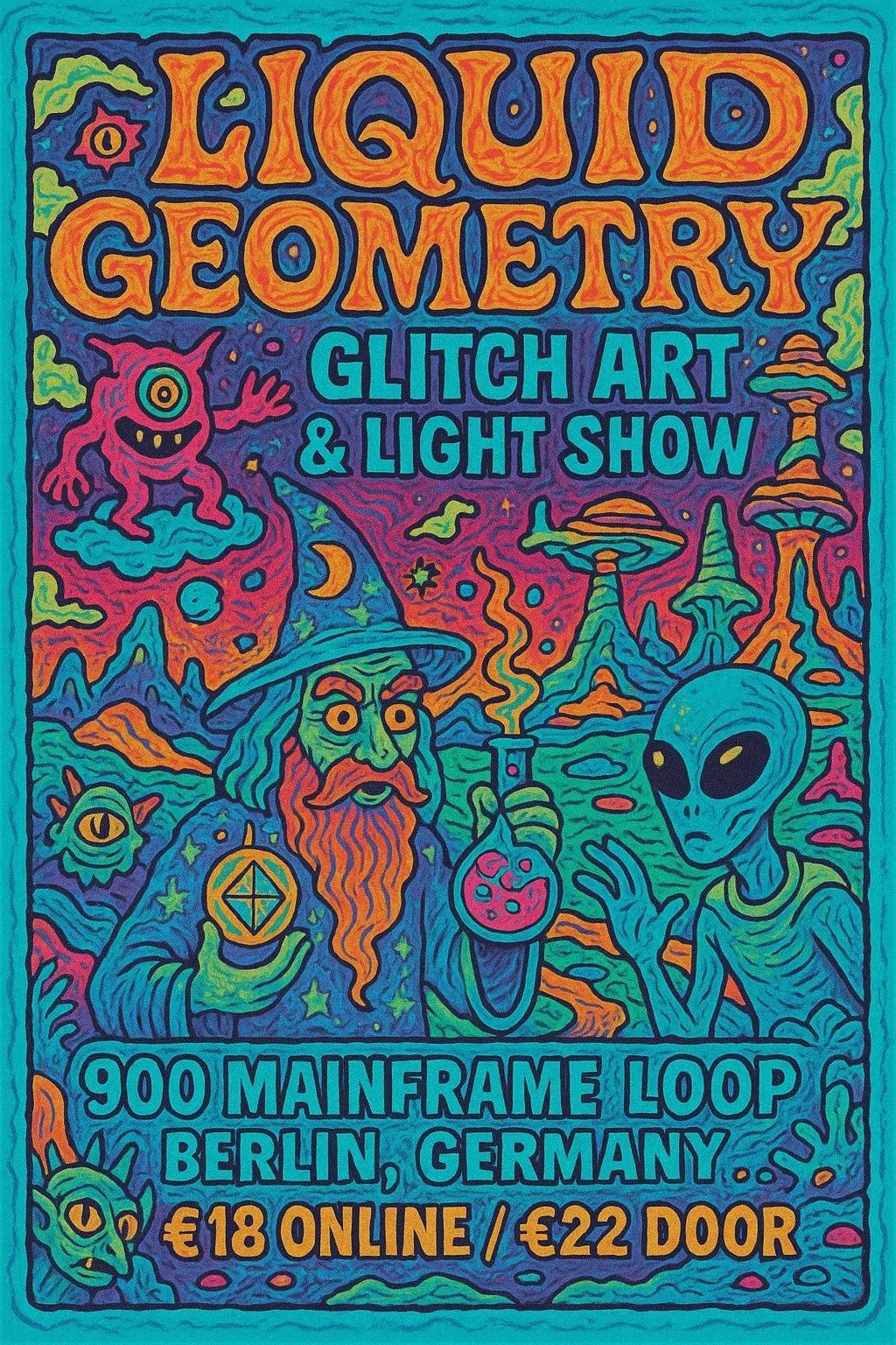 Example output from the Psychedelic Event Posters For Any Event ChatGPT prompt: colorful, hand-drawn concert and festival posters with fantasy characters, comic-style details, and surreal scenes in vibrant tetradic palettes. Liquid Geometry.