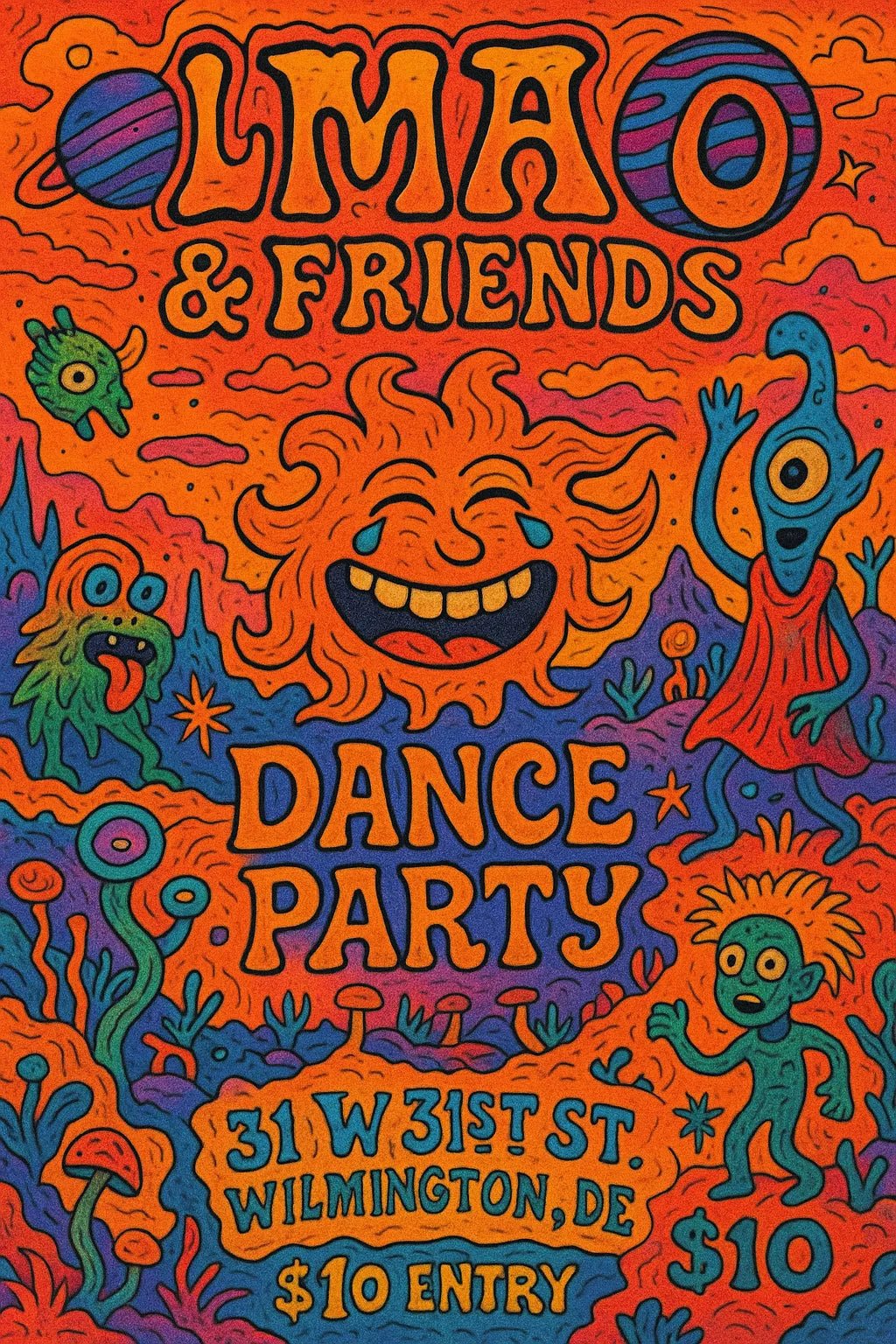 Example output from the Psychedelic Event Posters For Any Event ChatGPT prompt: colorful, hand-drawn concert and festival posters with fantasy characters, comic-style details, and surreal scenes in vibrant tetradic palettes. Lmao & Friends.
