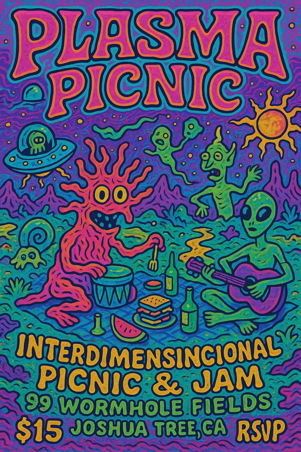 Example output from the Psychedelic Event Posters For Any Event ChatGPT prompt: colorful, hand-drawn concert and festival posters with fantasy characters, comic-style details, and surreal scenes in vibrant tetradic palettes. Plasma Picnic.
