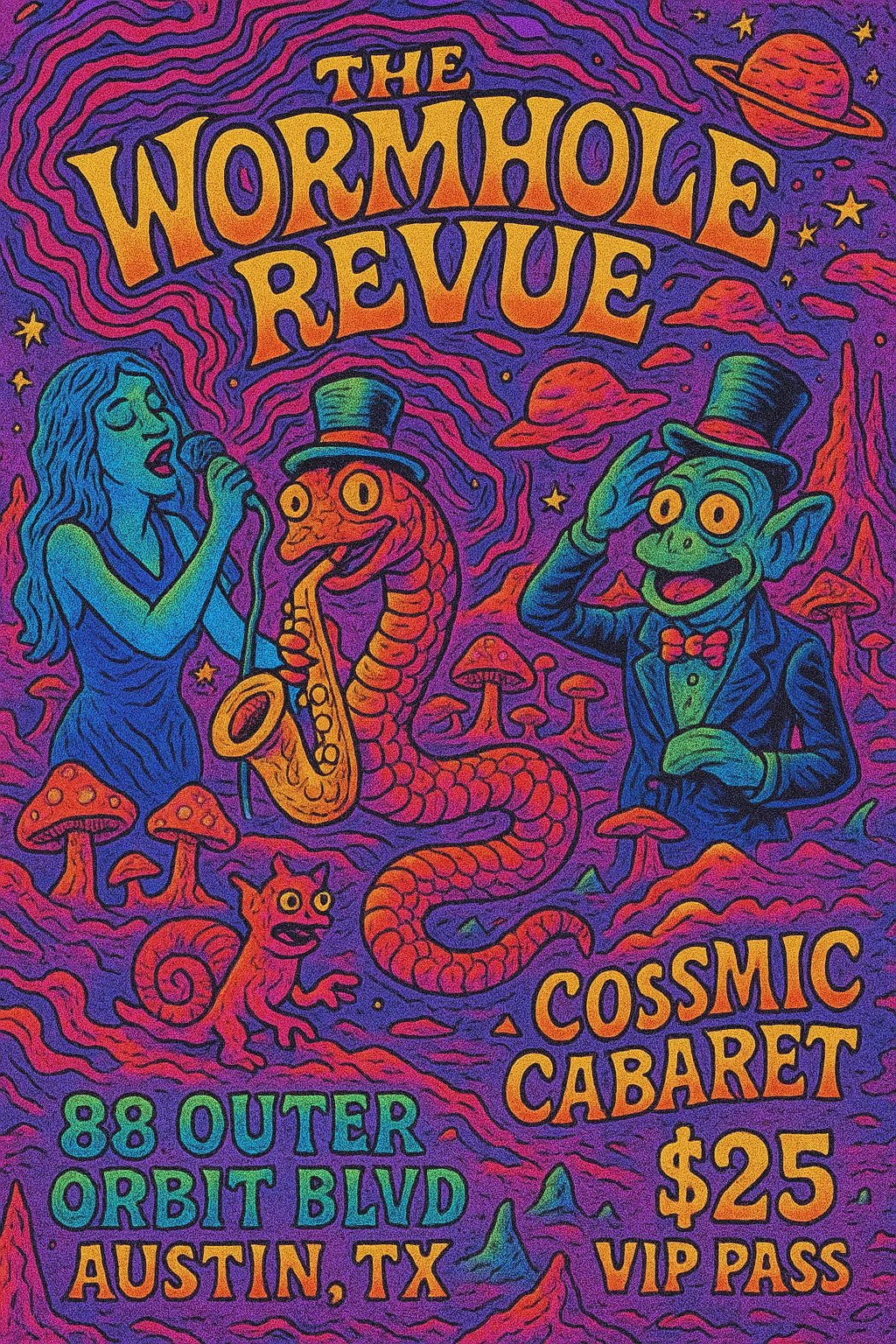 Example output from the Psychedelic Event Posters For Any Event ChatGPT prompt: colorful, hand-drawn concert and festival posters with fantasy characters, comic-style details, and surreal scenes in vibrant tetradic palettes. The Wormhole Revue.
