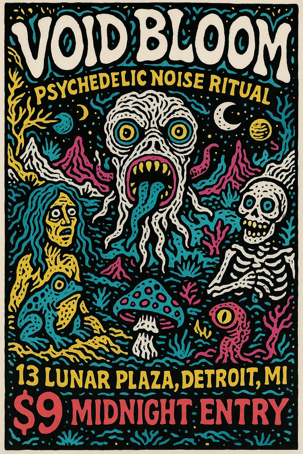 Example output from the Psychedelic Event Posters For Any Event ChatGPT prompt: colorful, hand-drawn concert and festival posters with fantasy characters, comic-style details, and surreal scenes in vibrant tetradic palettes. Void Bloom.
