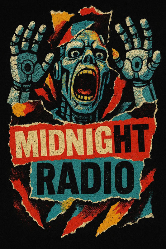 Example output from the Punk Zine Torn-Paper Collage ChatGPT prompt: Midnight Radio gritty torn-paper poster