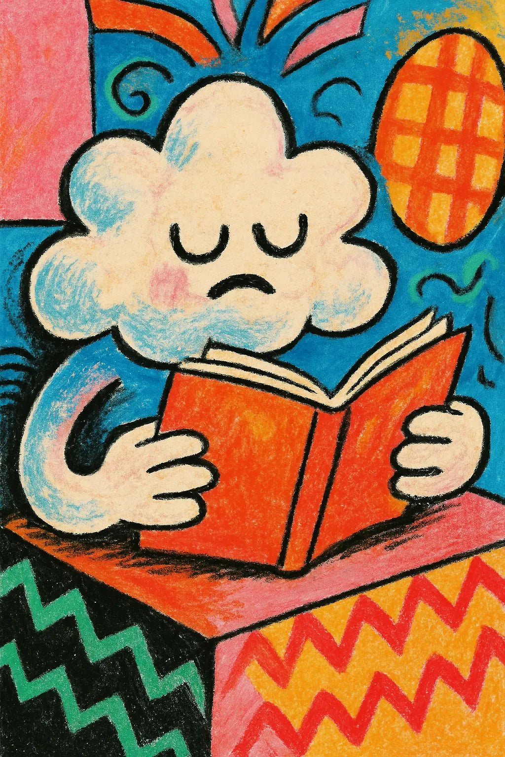 Example output from the Quirky Art From Any Scene Or Moods ChatGPT prompt: surreal zine-style portraits. Cloud Reading.
