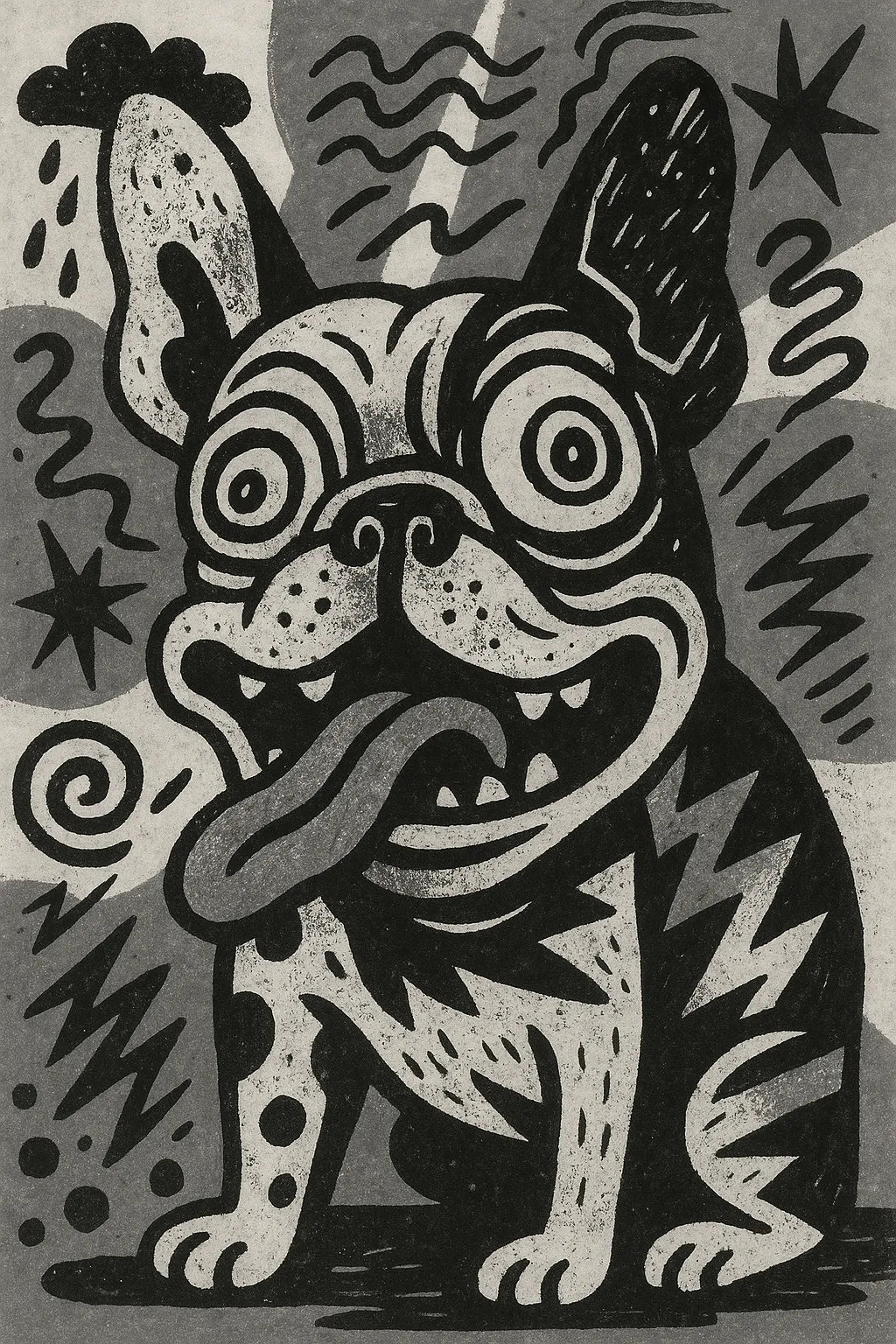 Example output from the Quirky Art From Any Scene Or Moods ChatGPT prompt: surreal zine-style portraits. Crazy dog.