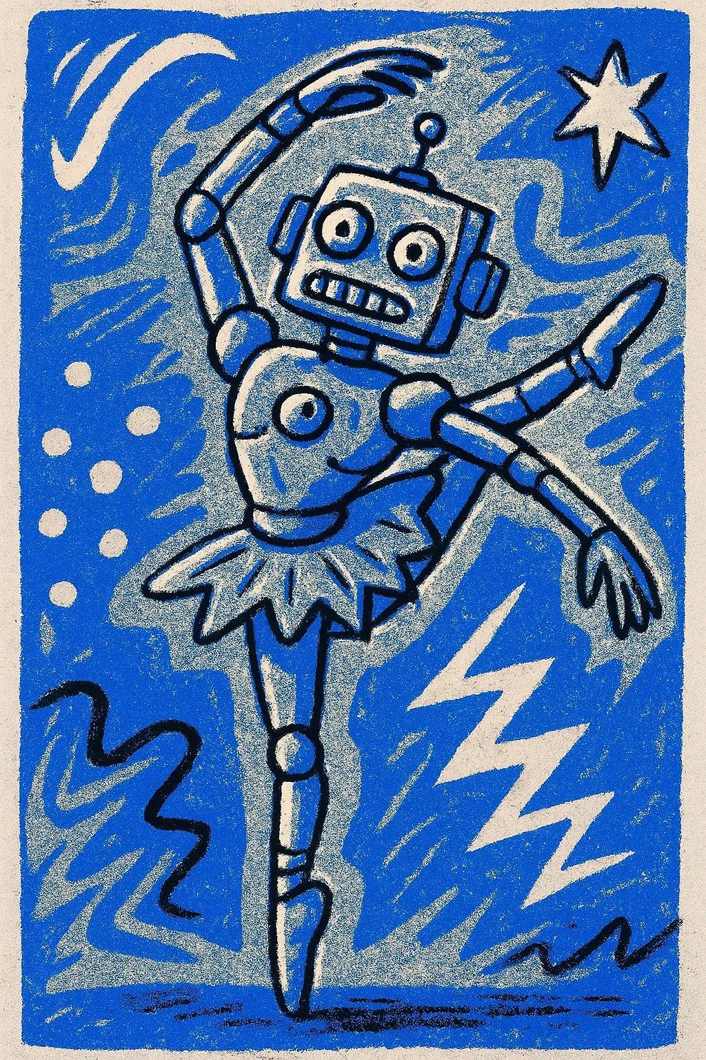 Example output from the Quirky Art From Any Scene Or Moods ChatGPT prompt: surreal zine-style portraits. Robot dancer.