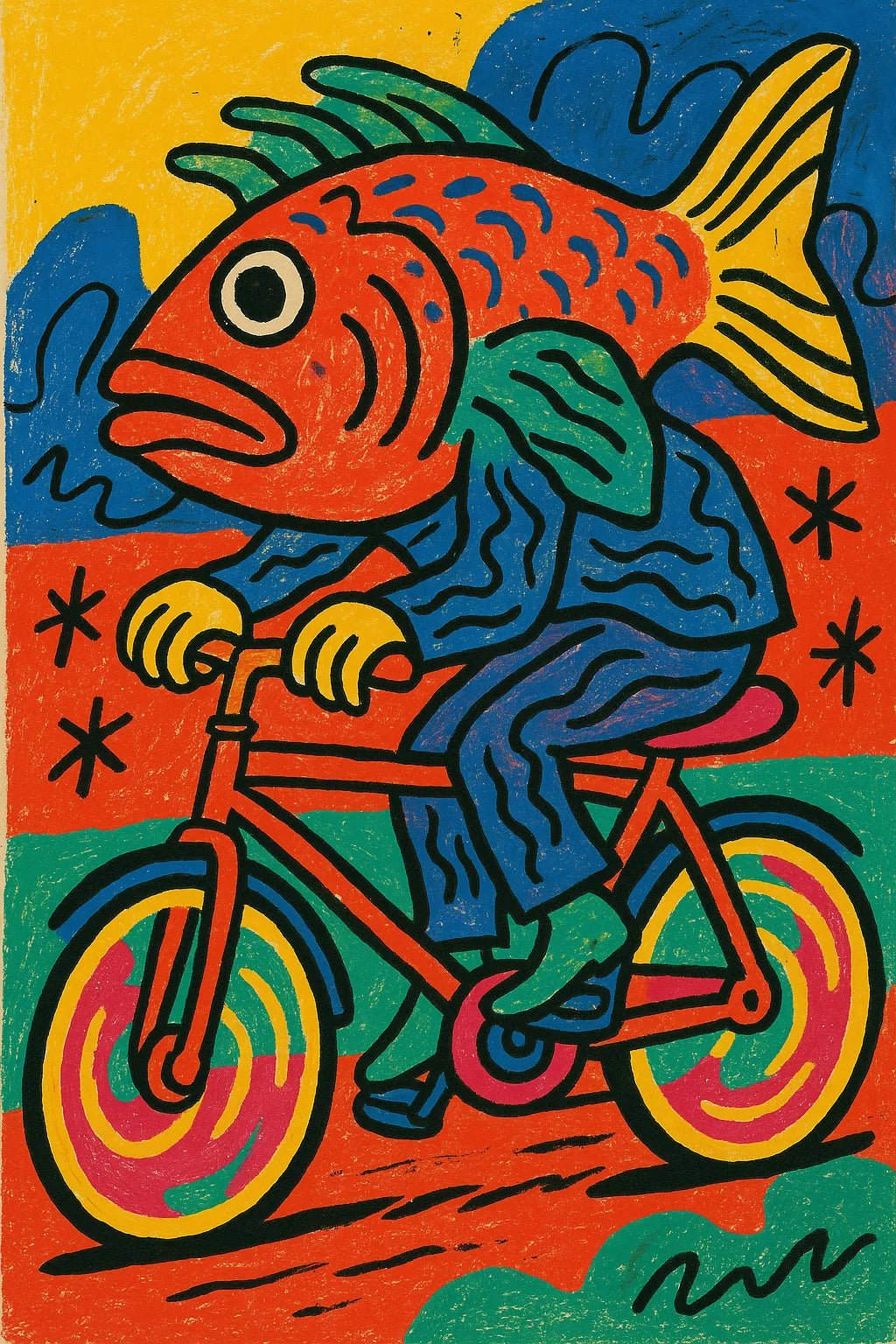 Example output from the Quirky Art From Any Scene Or Moods ChatGPT prompt: surreal zine-style portraits. Fish Cycling.
