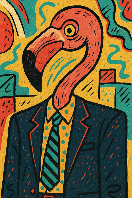 Example output from the Quirky Art From Any Scene Or Moods ChatGPT prompt: surreal zine-style portraits. Flamingo.
