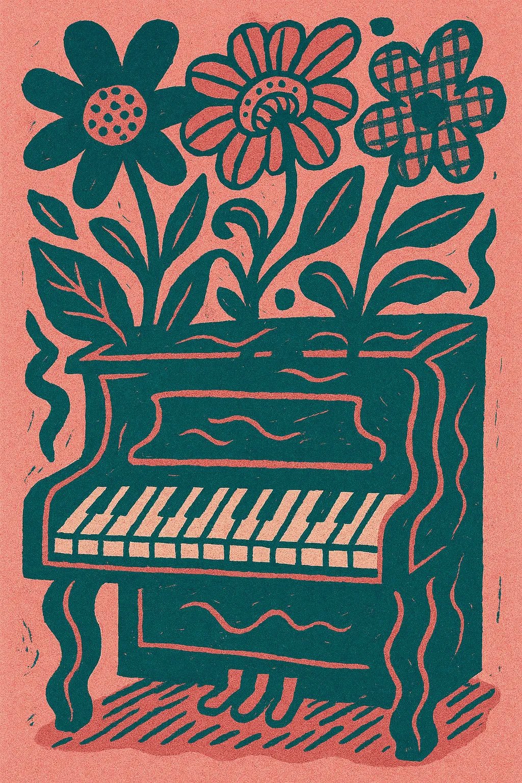 Example output from the Quirky Art From Any Scene Or Moods ChatGPT prompt: surreal zine-style portraits. Piano.