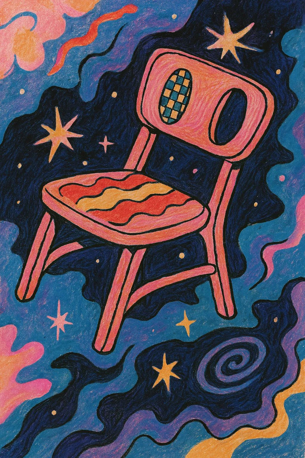 Example output from the Quirky Art From Any Scene Or Moods ChatGPT prompt: surreal zine-style portraits. Pink Chair.