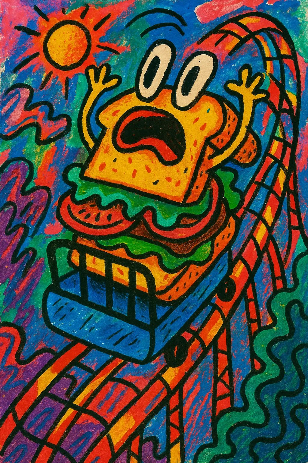 Example output from the Quirky Art From Any Scene Or Moods ChatGPT prompt: surreal zine-style portraits. Sandwich.