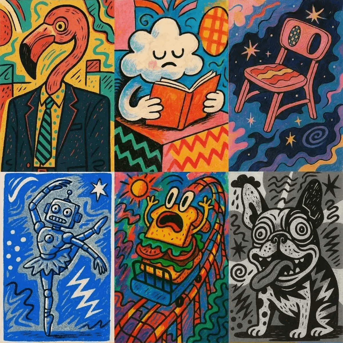 Example output from the Quirky Art From Any Scene Or Moods ChatGPT prompt: surreal zine-style portraits with bold outlines and chaotic scenes, featuring expressive characters, mood-based compositions, and saturated color patterns.