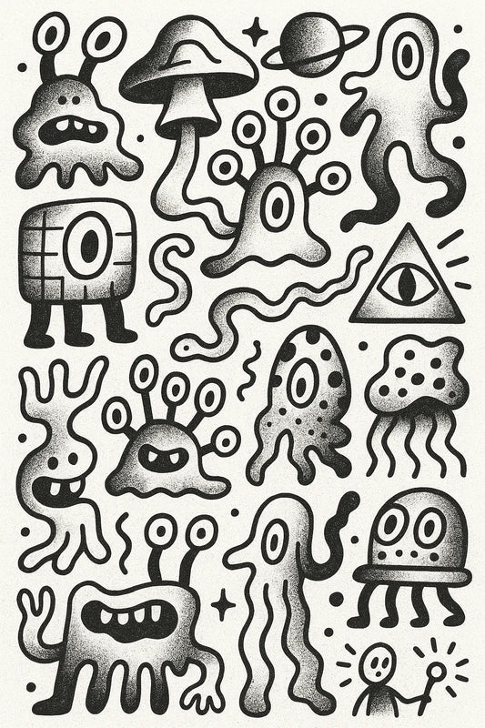 Example output from the Quirky Black And White Sketch Sheets ChatGPT prompt: dense hand-drawn black-and-white sketch grids, featuring halftone textures, themed panels, and surreal abstract iconography. Preview 1