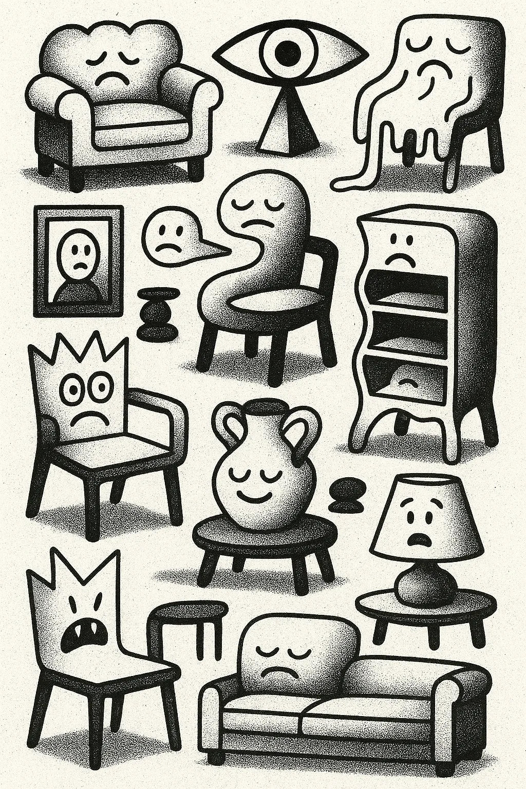 Example output from the Quirky Black And White Sketch Sheets ChatGPT prompt: dense hand-drawn black-and-white sketch grids, featuring halftone textures, themed panels, and surreal abstract iconography. Preview 10