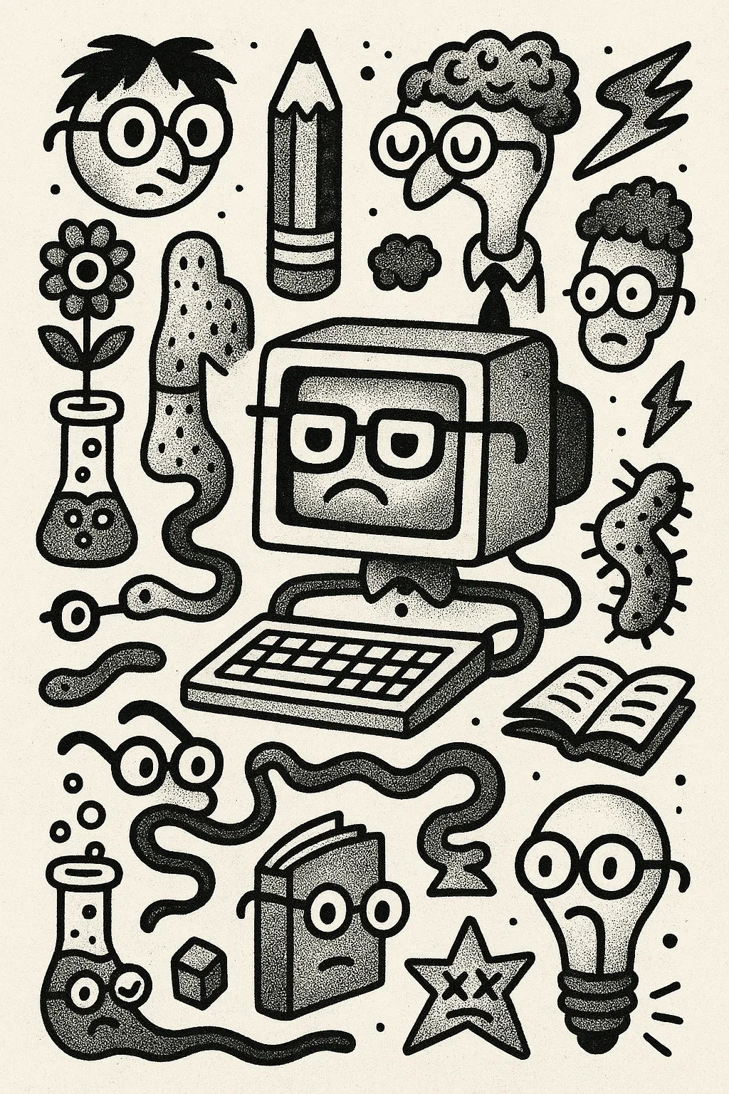 Example output from the Quirky Black And White Sketch Sheets ChatGPT prompt: dense hand-drawn black-and-white sketch grids, featuring halftone textures, themed panels, and surreal abstract iconography. Preview 2