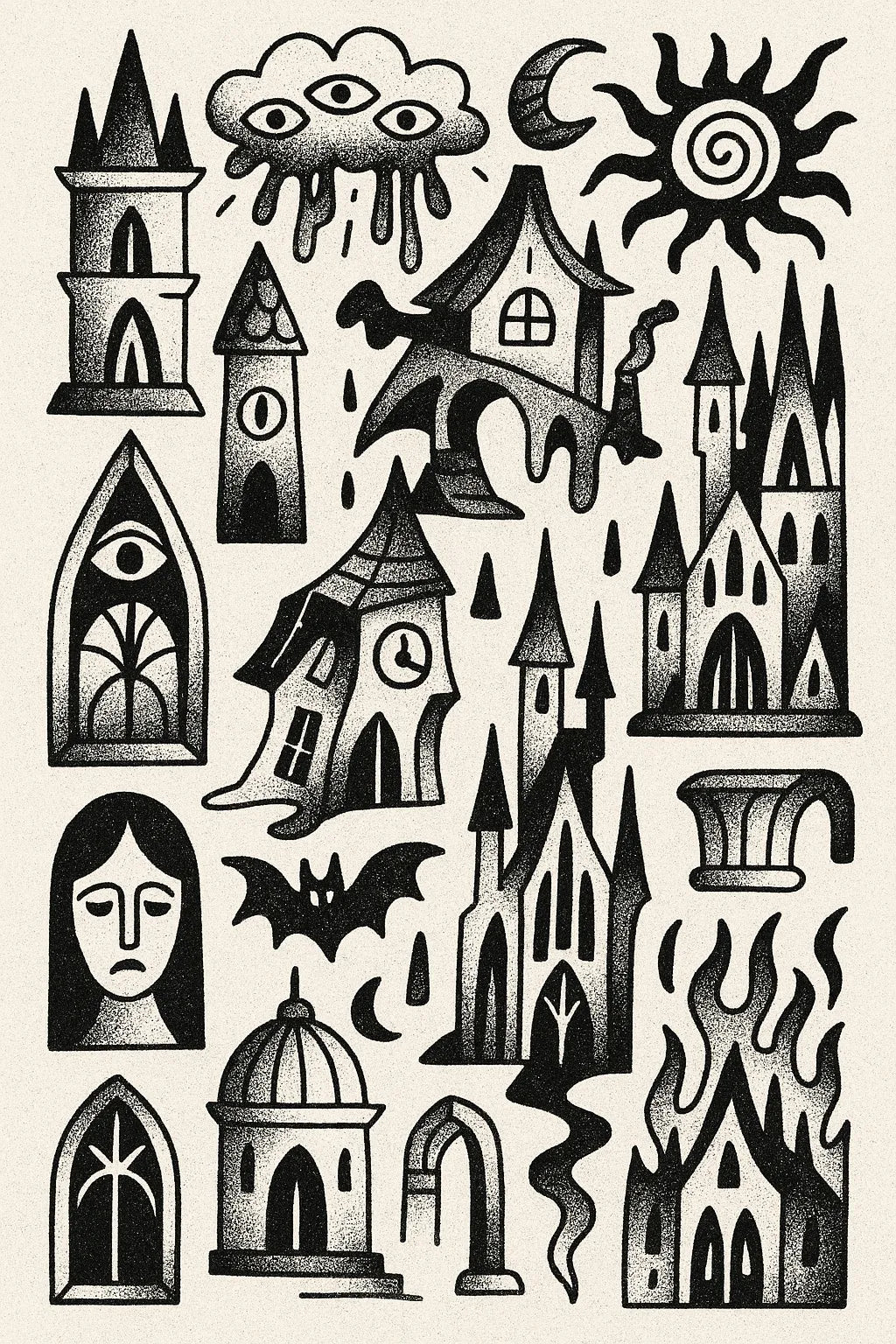 Example output from the Quirky Black And White Sketch Sheets ChatGPT prompt: dense hand-drawn black-and-white sketch grids, featuring halftone textures, themed panels, and surreal abstract iconography. Preview 3