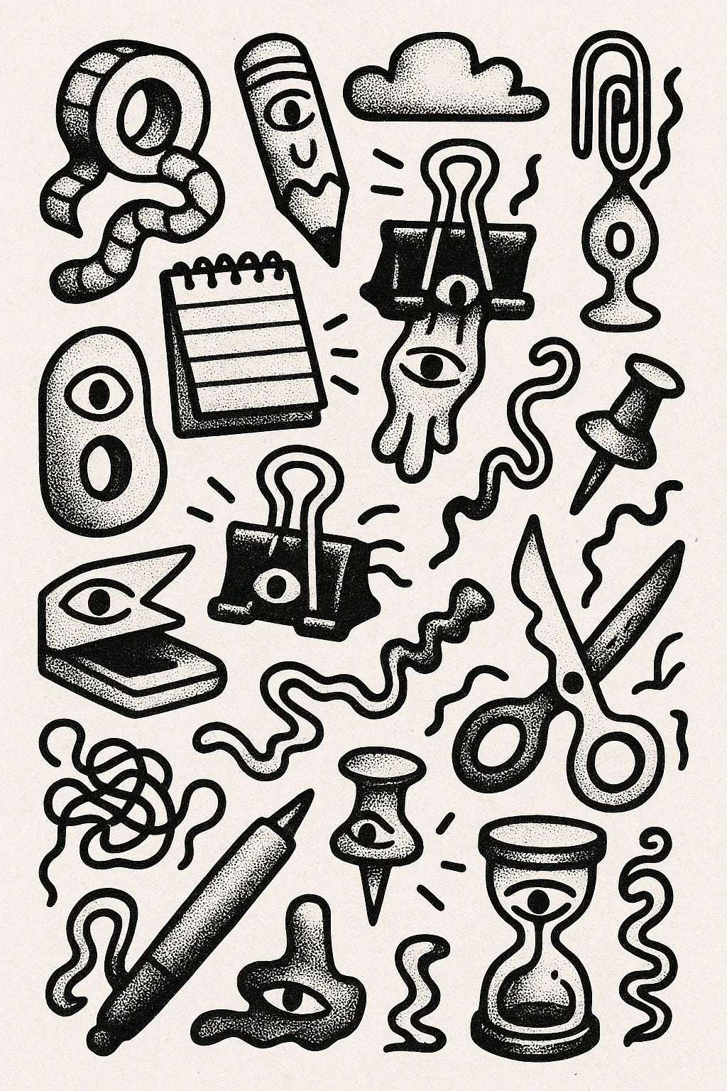 Example output from the Quirky Black And White Sketch Sheets ChatGPT prompt: dense hand-drawn black-and-white sketch grids, featuring halftone textures, themed panels, and surreal abstract iconography. Preview 4