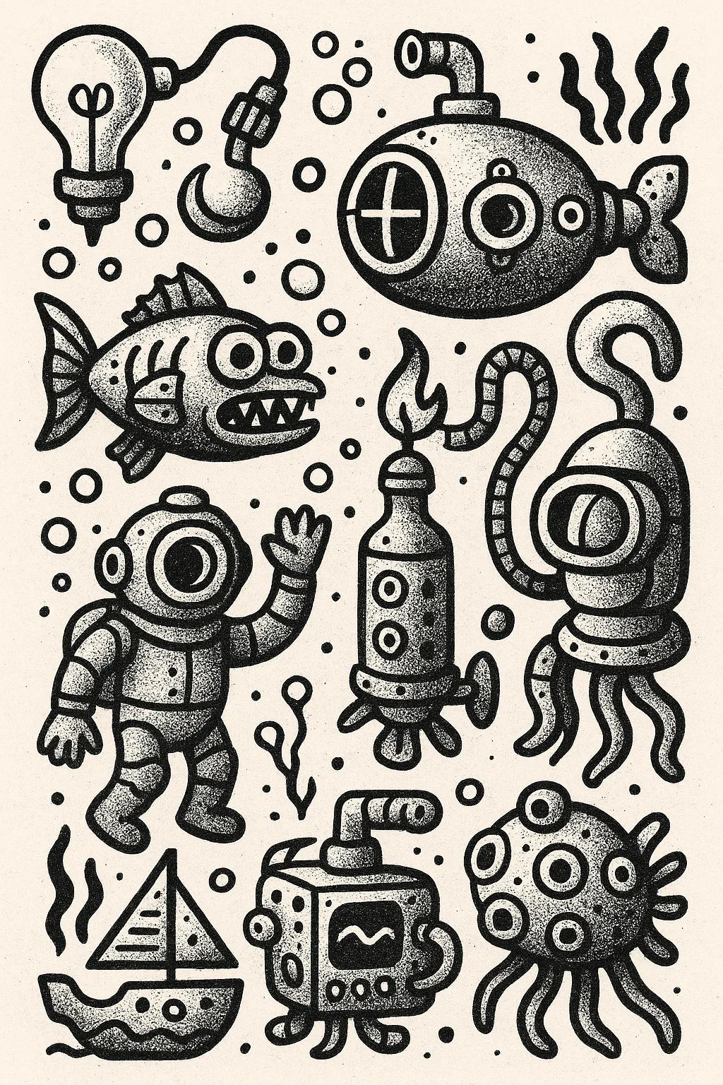 Example output from the Quirky Black And White Sketch Sheets ChatGPT prompt: dense hand-drawn black-and-white sketch grids, featuring halftone textures, themed panels, and surreal abstract iconography. Preview 5