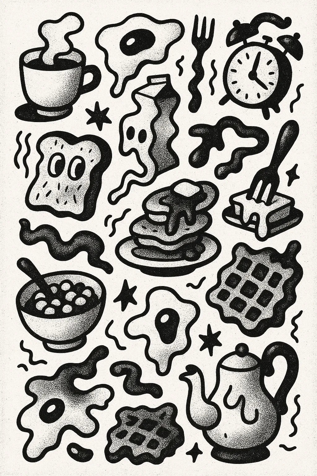 Example output from the Quirky Black And White Sketch Sheets ChatGPT prompt: dense hand-drawn black-and-white sketch grids, featuring halftone textures, themed panels, and surreal abstract iconography. Preview 6