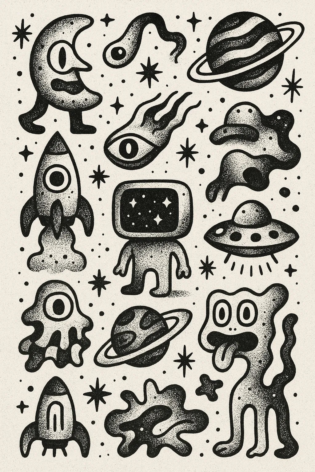 Example output from the Quirky Black And White Sketch Sheets ChatGPT prompt: dense hand-drawn black-and-white sketch grids, featuring halftone textures, themed panels, and surreal abstract iconography. Preview 7