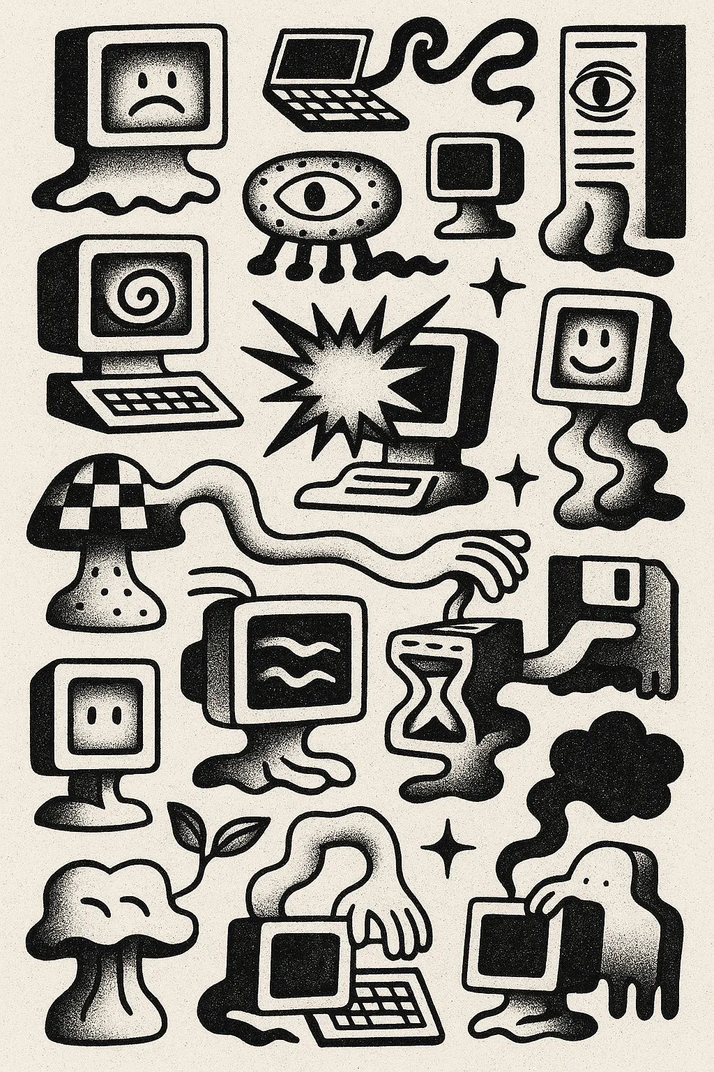 Example output from the Quirky Black And White Sketch Sheets ChatGPT prompt: dense hand-drawn black-and-white sketch grids, featuring halftone textures, themed panels, and surreal abstract iconography. Preview 8