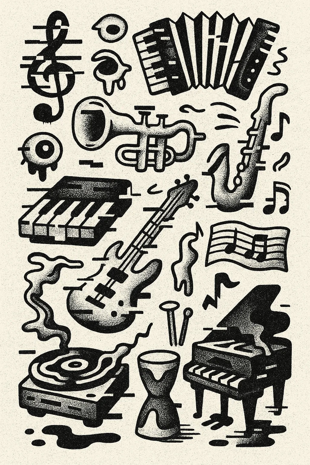 Example output from the Quirky Black And White Sketch Sheets ChatGPT prompt: dense hand-drawn black-and-white sketch grids, featuring halftone textures, themed panels, and surreal abstract iconography. Preview 9