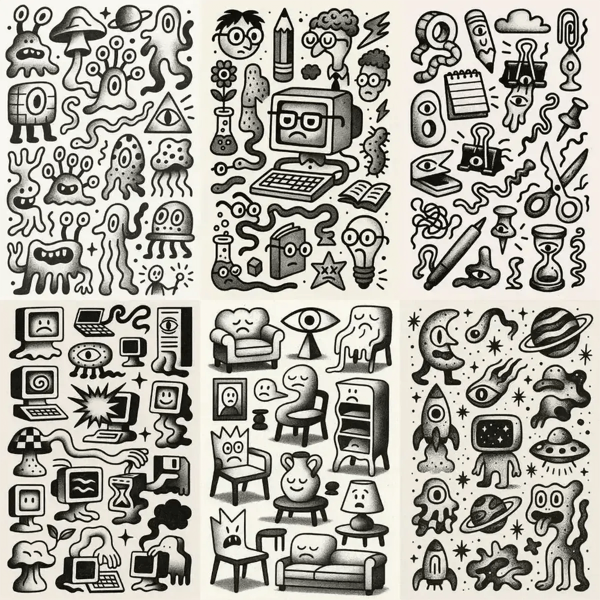 Example output from the Quirky Black And White Sketch Sheets ChatGPT prompt: dense hand-drawn black-and-white sketch grids, featuring halftone textures, themed panels, and surreal abstract iconography for zines or merch.