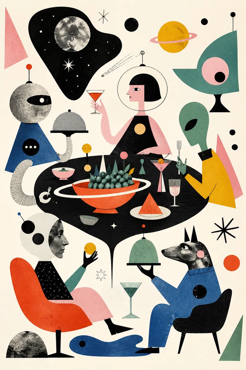 Example output from the Quirky Editorial Collage Art ChatGPT prompt: a space dinner editorial collage illustration in flat cut-paper style with symbolic shapes and muted color blocks.