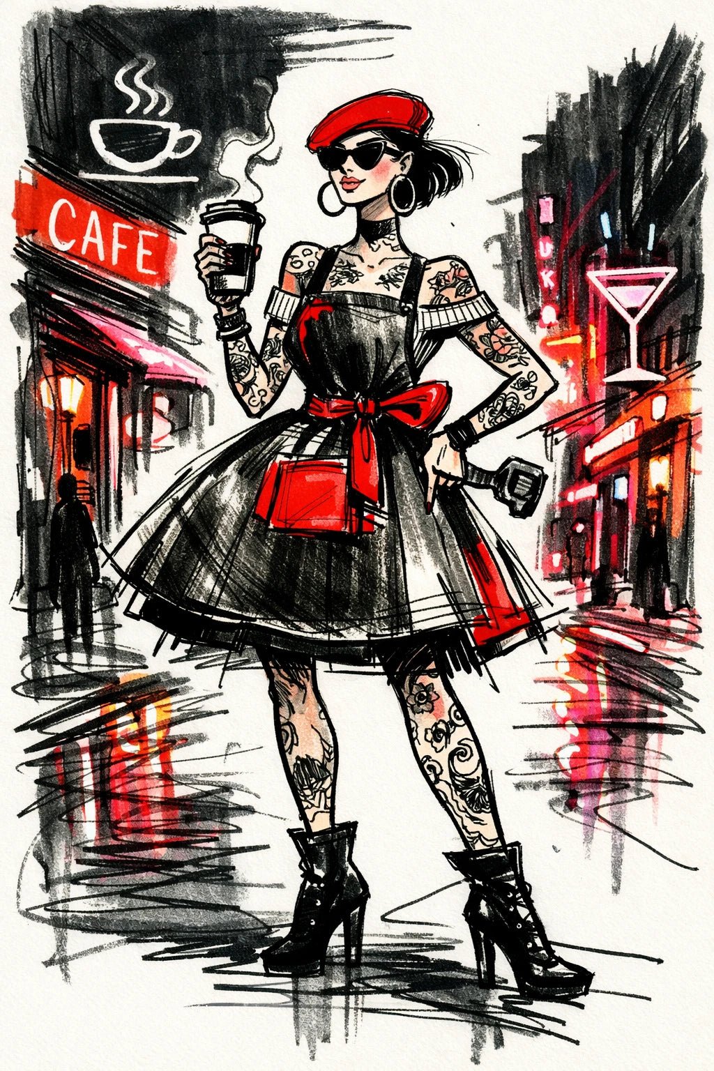Example output from the Quirky Fashion Character Illustrations ChatGPT prompt: a tattooed barista fashion illustration with exaggerated silhouette, loose sketch strokes and an urban graphic background.