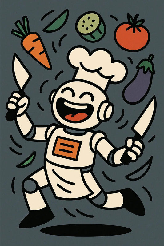 Example output from the Quirky Flat Vector Designs ChatGPT prompt: Chef Robot