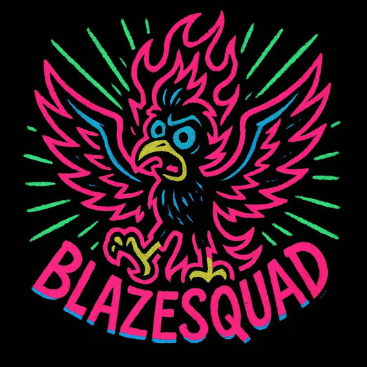 Example output from the Quirky Punk Mascot Emblem Logo ChatGPT prompt: neon-punk logo designs with cartoon mascots. BlazeSquad.