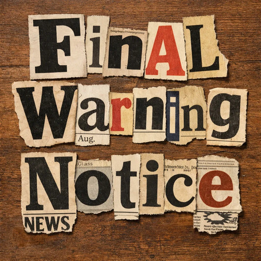 Handmade ransom note typography created from cut-out newspaper and magazine letters arranged on a textured wooden background: Final Warning Notice