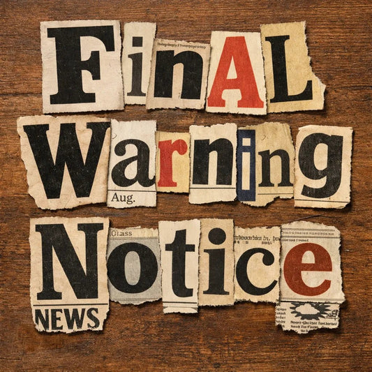 Handmade ransom note typography created from cut-out newspaper and magazine letters arranged on a textured wooden background: Final Warning Notice