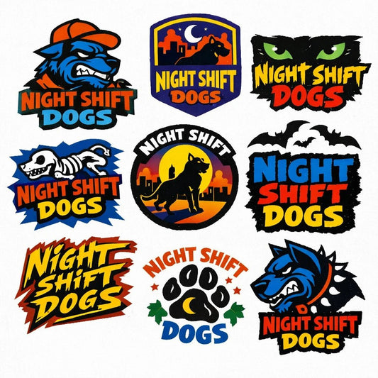 Raw illustrated logo concept featuring bold hand-drawn symbol, streetwear typography and underground branding style: Night Shift Dogs