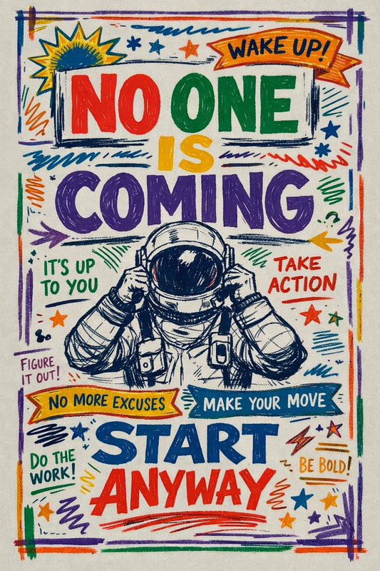 Hand-drawn manifesto typography poster with colorful ink lettering, sketch textures, and expressive motivational quote: No one is coming, start anyway