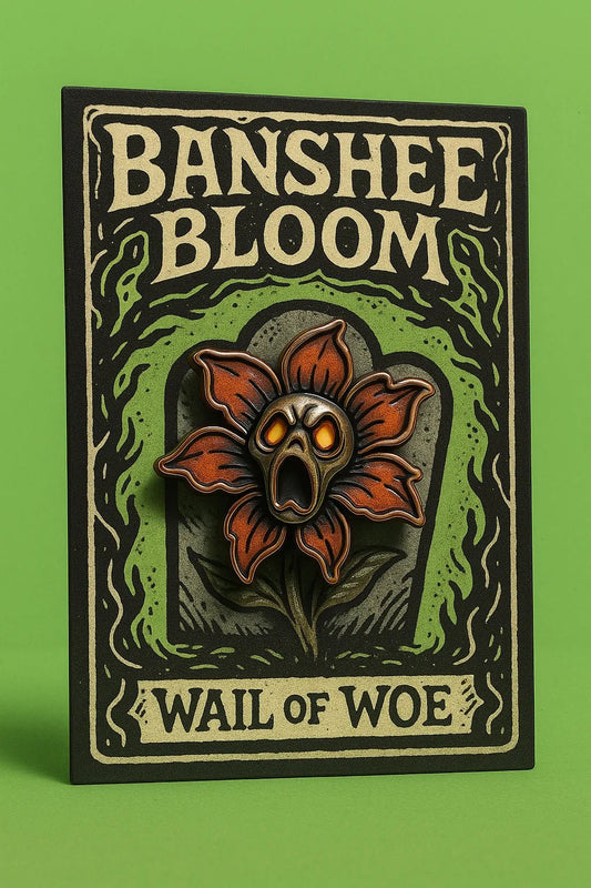 Example output from the Real Enamel Pin Cards ChatGPT prompt: collectible enamel-style pin mockup. Banshee Bloom.