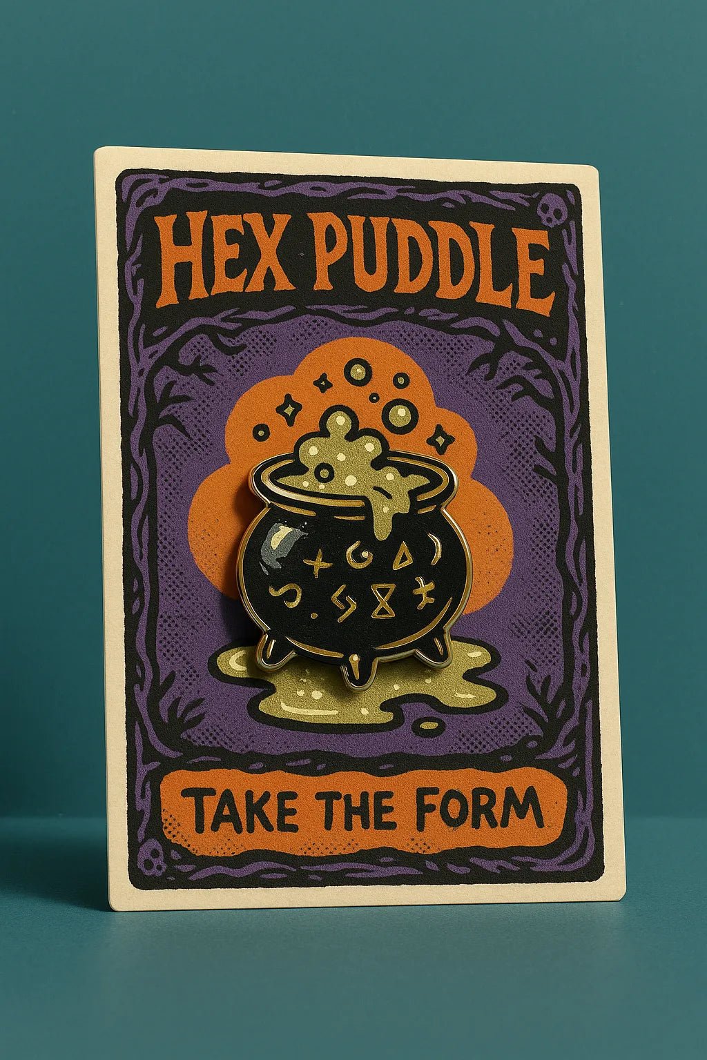 Example output from the Real Enamel Pin Cards ChatGPT prompt: collectible enamel-style pin mockup. Hex Puddle.