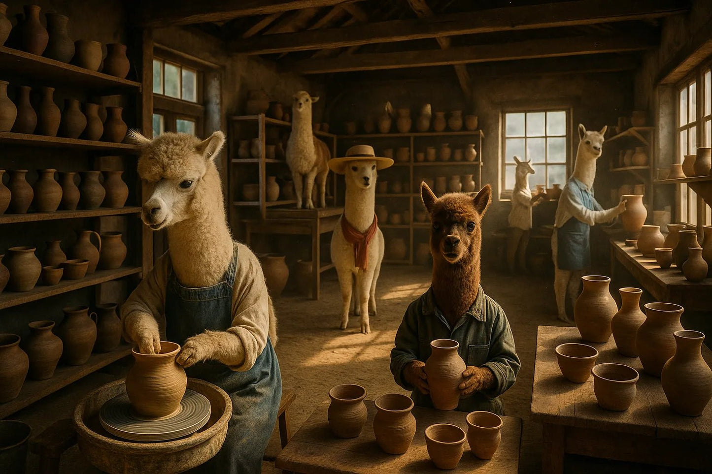 Example output from the Real Life Animal Cinema Shots ChatGPT prompt: cinematic scene of anthropomorphic animal: Alpacas.