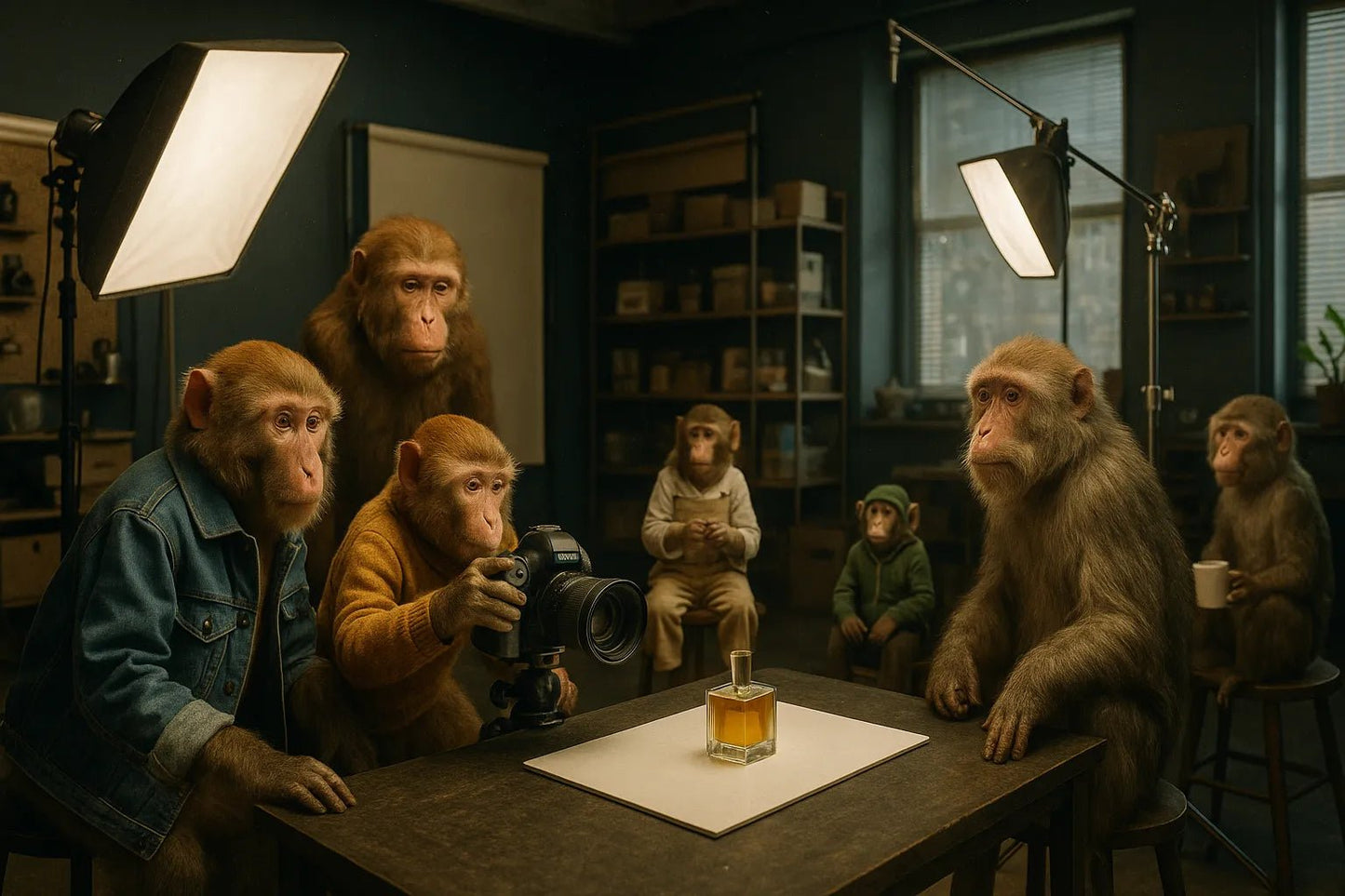 Example output from the Real Life Animal Cinema Shots ChatGPT prompt: cinematic scene of anthropomorphic animal: Monkey.