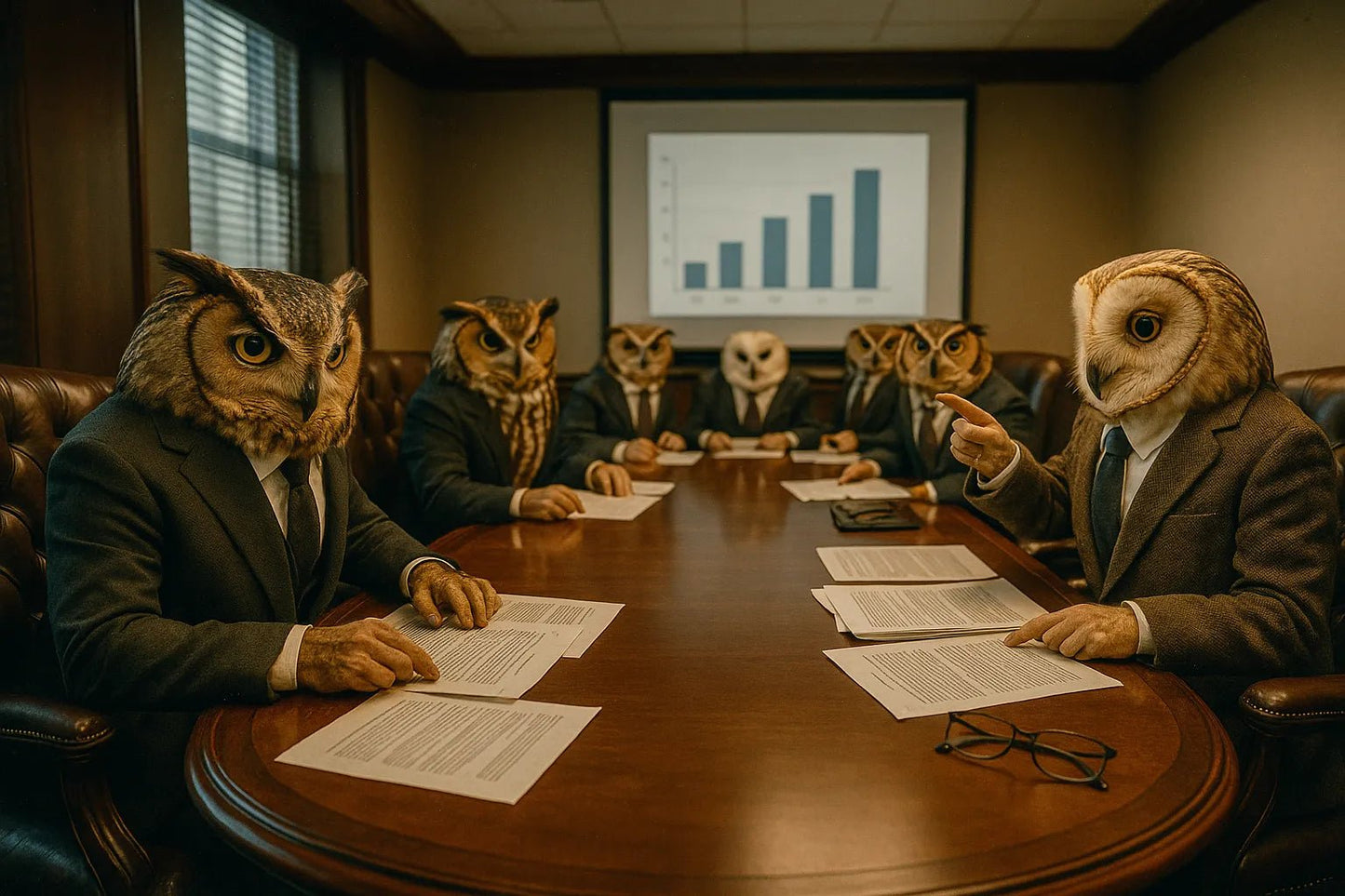 Example output from the Real Life Animal Cinema Shots ChatGPT prompt: cinematic scene of anthropomorphic animal: Owl.