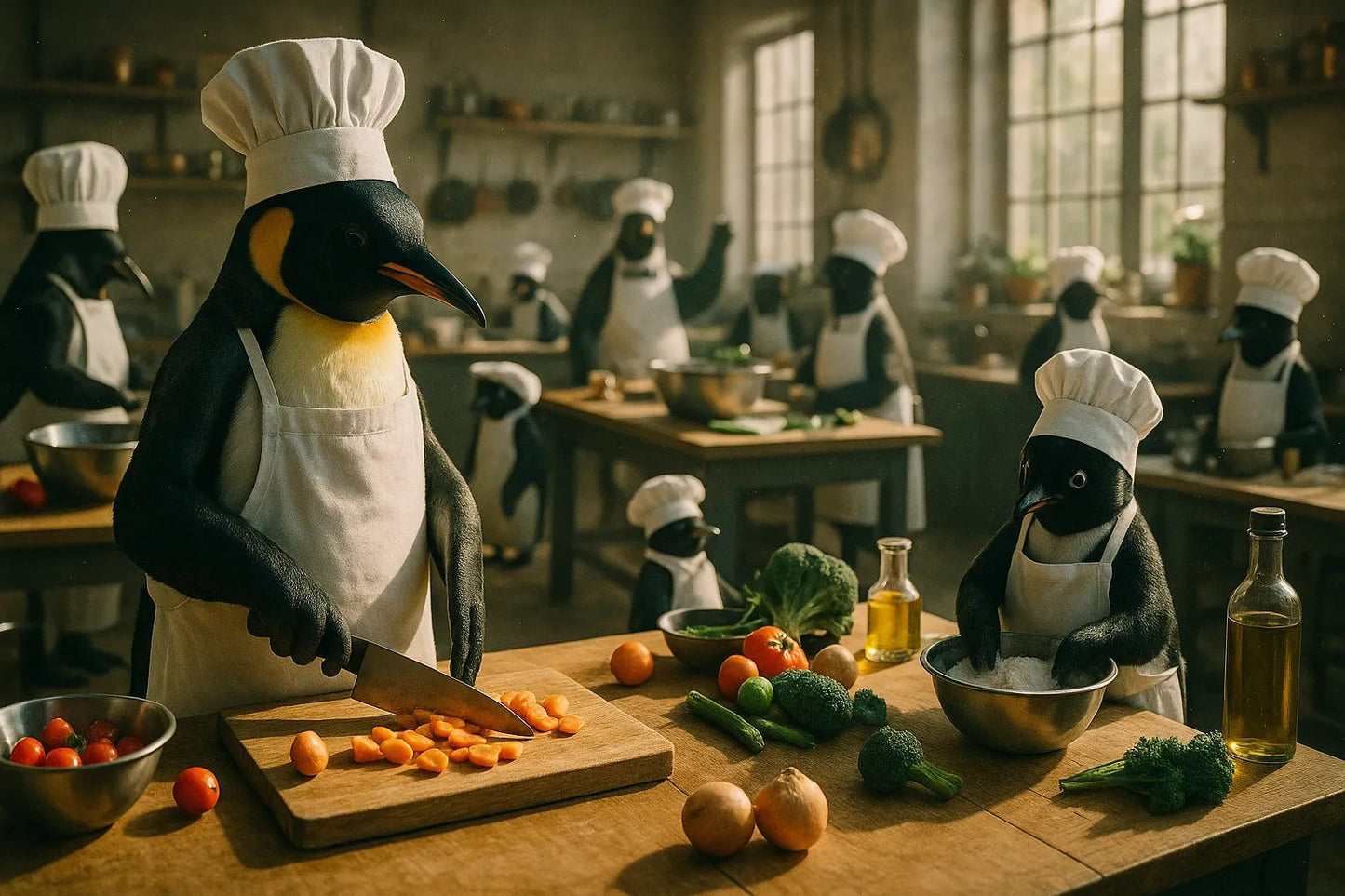 Example output from the Real Life Animal Cinema Shots ChatGPT prompt: cinematic scene of anthropomorphic animal: Penguin.