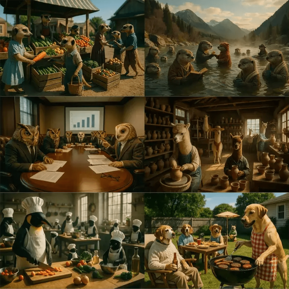 Example output from the Real Life Animal Cinema Shots ChatGPT prompt: cinematic scenes of anthropomorphic animals—owls in boardrooms, meerkats at markets, penguins cooking, and dogs barbecuing—shot in rich daylight or warm interiors with storytelling composition and film-like realism.