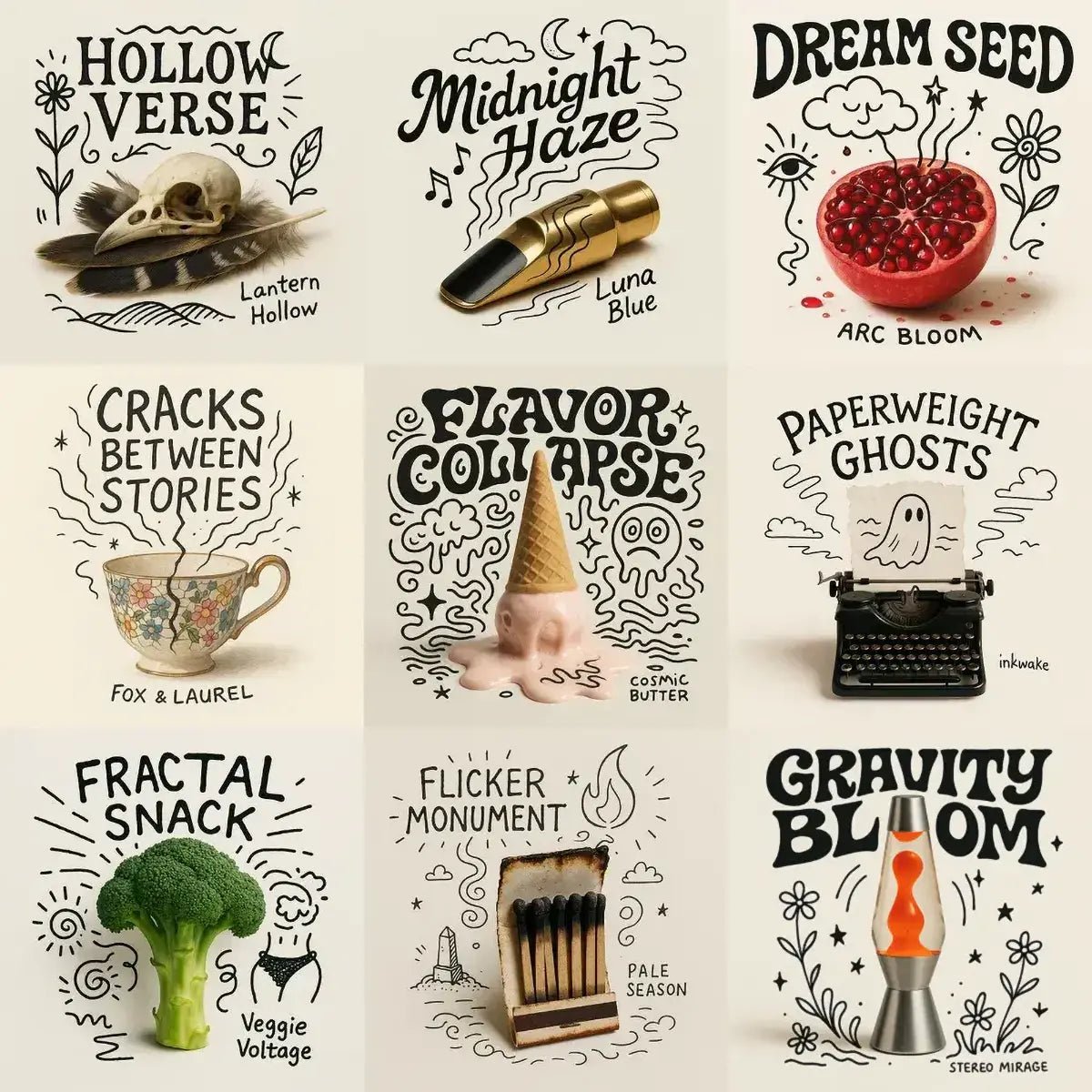 Example output from the Real Objects With Doodle Album Covers ChatGPT prompt: surreal album covers combining photographed objects and drawn doodles, featuring soft neutral tones, stylized title text, and genre-bending themes.