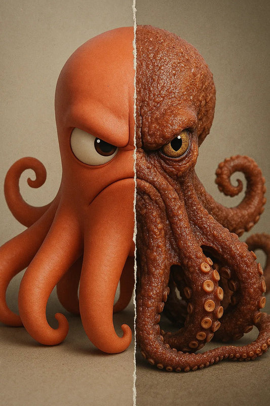 Example output from the Real vs Stylized Portraits ChatGPT prompt: split-screen character portrait. Octopus.