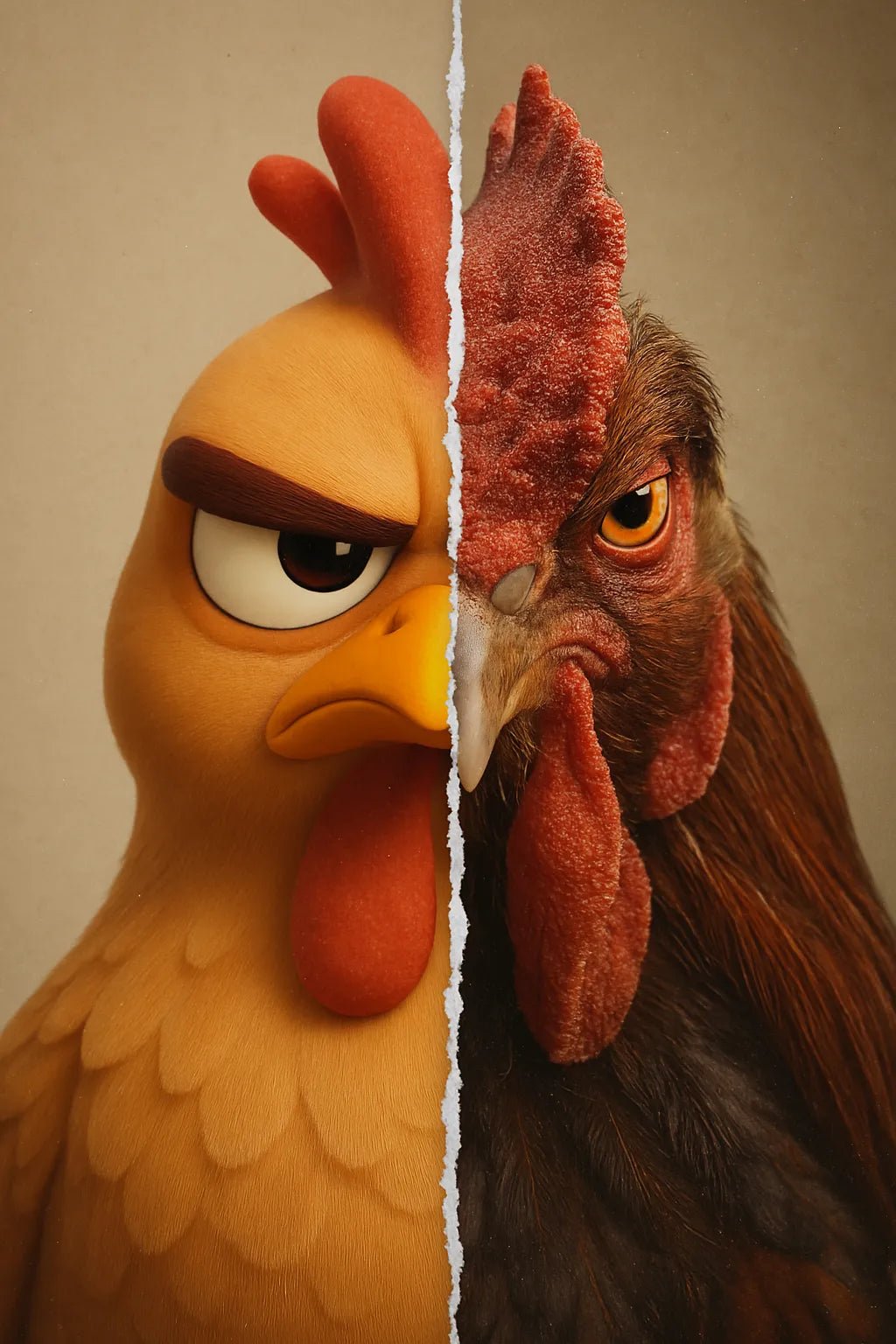 Example output from the Real vs Stylized Portraits ChatGPT prompt: split-screen character portrait. Rooster.