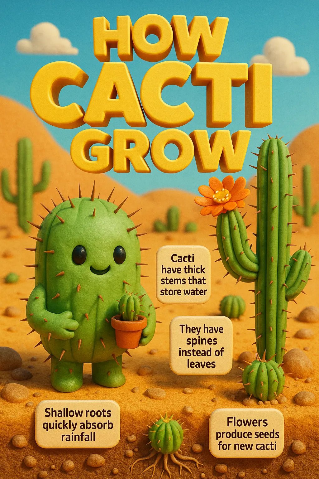 Example output from the Realistic 3D Learning Tip Flyers ChatGPT prompt: educational posters with 3D characters, dynamic tip callouts, and colorful layouts, featuring cinematic lighting and bold, scene-integrated titles. Cacti Grow.