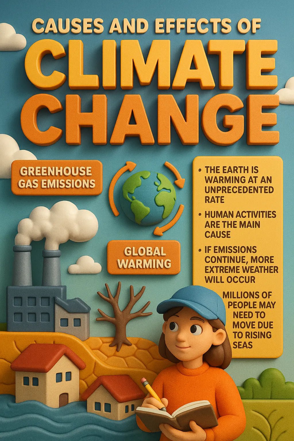 Example output from the Realistic 3D Learning Tip Flyers ChatGPT prompt: educational posters with 3D characters, dynamic tip callouts, and colorful layouts, featuring cinematic lighting and bold, scene-integrated titles. Climate Change.