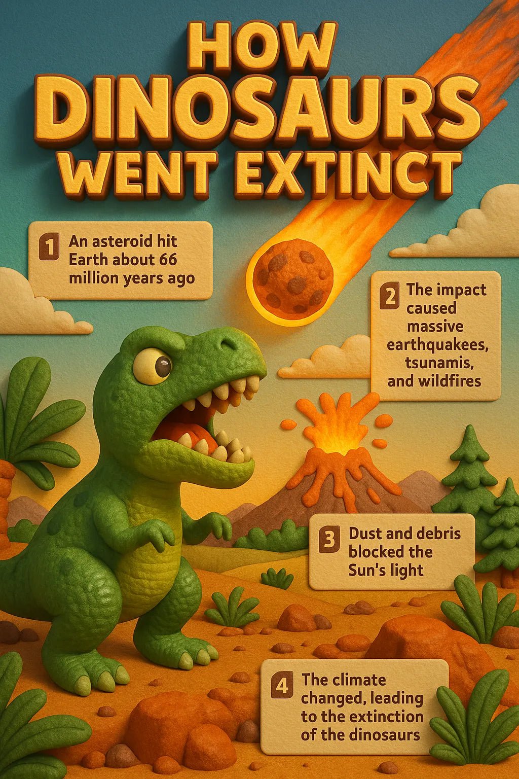 Example output from the Realistic 3D Learning Tip Flyers ChatGPT prompt: educational posters with 3D characters, dynamic tip callouts, and colorful layouts, featuring cinematic lighting and bold, scene-integrated titles. Dinosaurs Went Extint.
